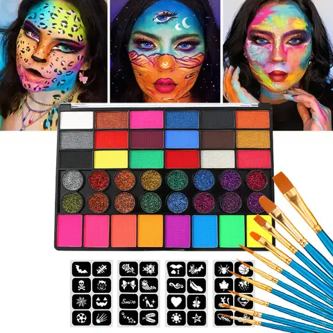 Juego de pintura corporal para cara Soluble en agua, 42 colores, pintura facial con purpurina de neón UV, arte, pintura corporal para fiesta de Halloween y Navidad, maquillaje