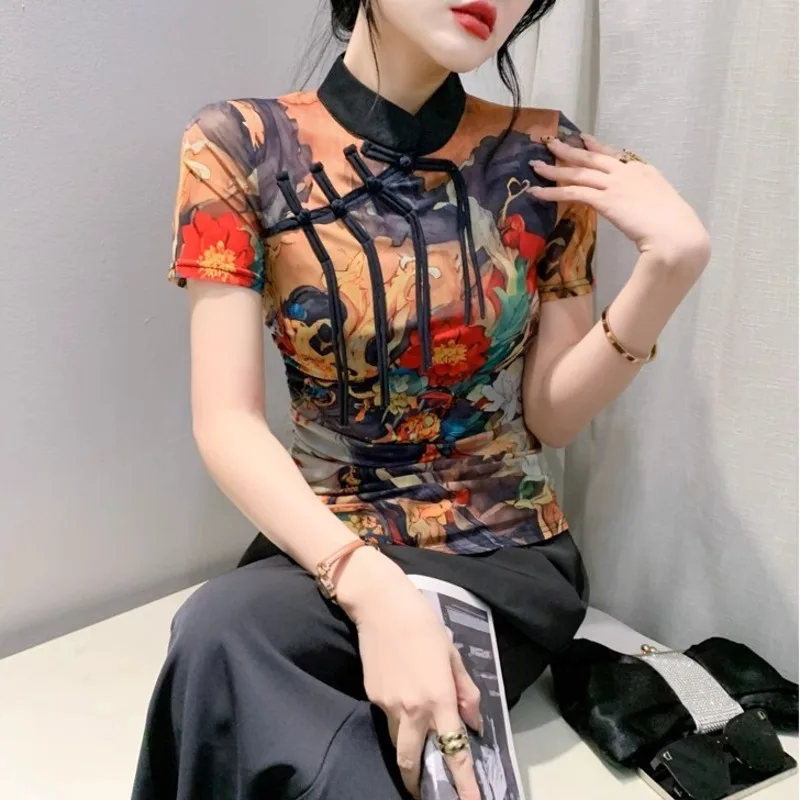 #7033 Chinese Style Vintage Mesh T Shirt Women Stand Collar Retro Skinny T-shirt Female Short Sleeve Thin Short Mesh Top Sexy
#7033 Chinese Style Vintage Mesh T Shirt Women Stand Collar Retro Skinny T-shirt Female Short Sleeve Thin Short Mesh Top Sexy