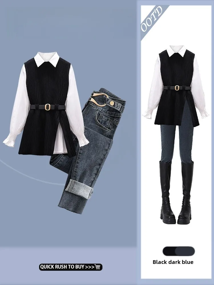 Fall 2026 Women's Fashion Set Shirt Knitted Vest Slim Wide Leg Jeans High-End Feel Three-Piece Set Casual Style Long Sleeve
Fall 2026 Women's Fashion Set Shirt Knitted Vest Slim Wide Leg Jeans High-End Feel Three-Piece Set Casual Style Long Sleeve
