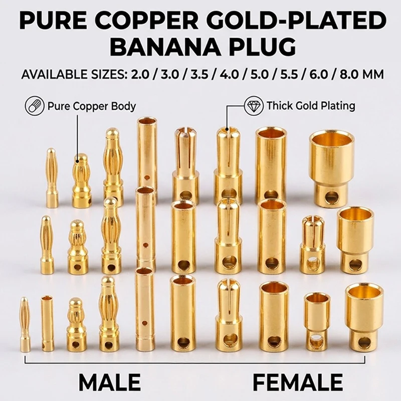 40pcs 2mm To 8mm Gold Plated Bullet Banana Plug Male Female Connector Battery Plug Kits Pure Copper Brushless Motor Terminal
40pcs 2mm To 8mm Gold Plated Bullet Banana Plug Male Female Connector Battery Plug Kits Pure Copper Brushless Motor Terminal