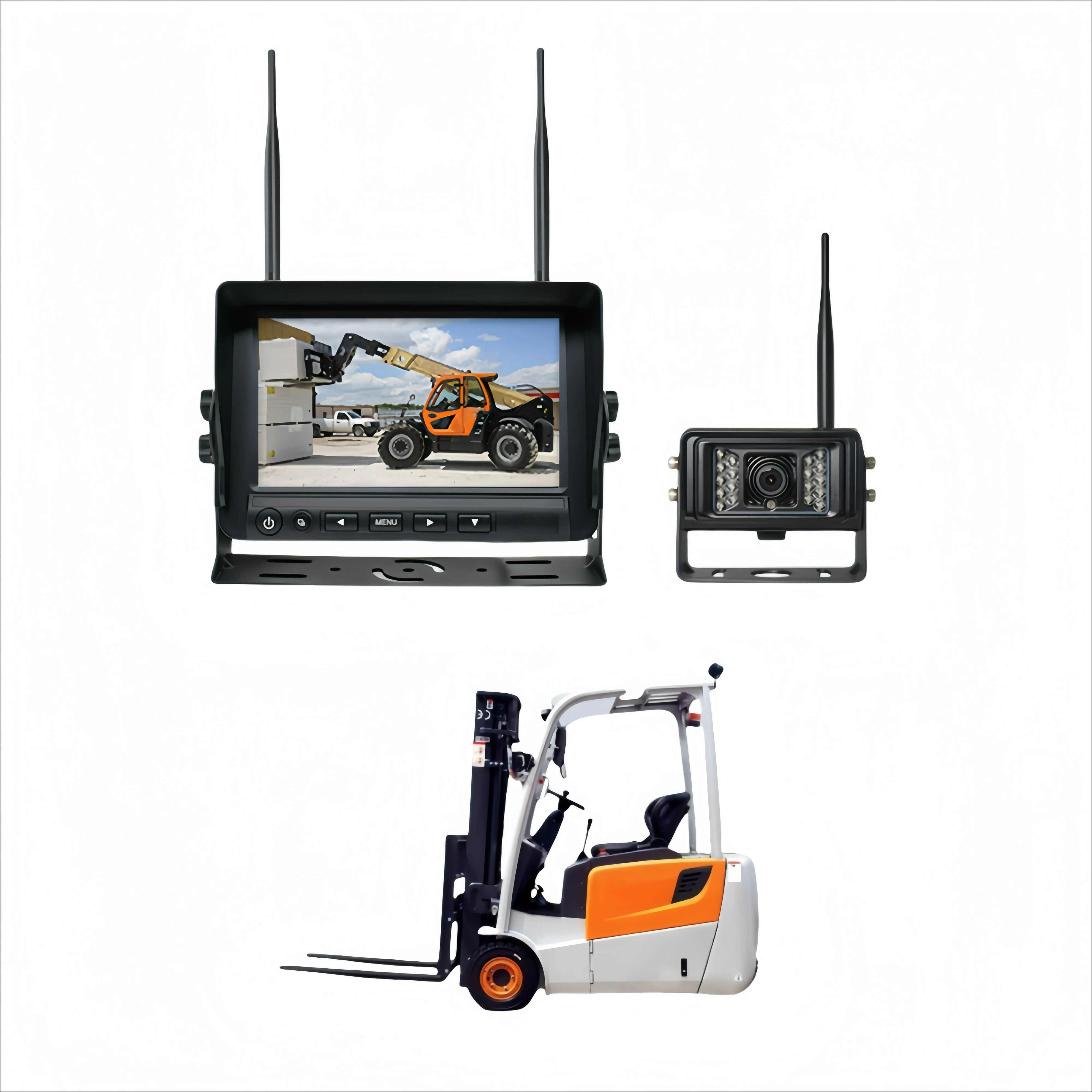 Комплект цифровой беспроводной камеры заднего вида для электрического вилочного погрузчика IP69K Водонепроницаемая камера заднего вида и 7-дюймовый четырехэкран с видеорегистратором
Комплект цифровой беспроводной камеры заднего вида для электрического вилочного погрузчика IP69K Водонепроницаемая камера заднего вида и 7-дюймовый четырехэкран с видеорегистратором