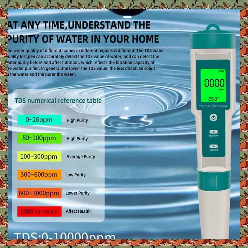 Тестер качества воды 7 в 1 PH/ORP/EC/TEMP/SALT/S.G/TDS, тестовая ручка с ЖК-подсветкой, многофункциональный инструмент анализа
Тестер качества воды 7 в 1 PH/ORP/EC/TEMP/SALT/S.G/TDS, тестовая ручка с ЖК-подсветкой, многофункциональный инструмент анализа