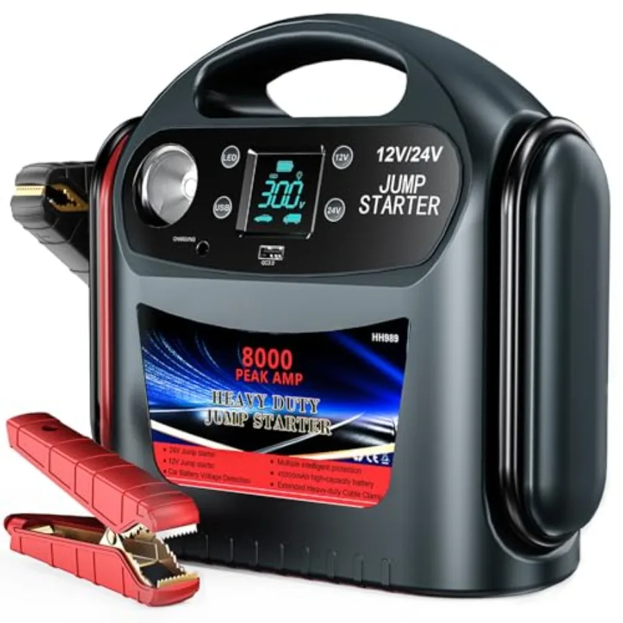 Heavy Duty Jump Starter for Gas Diesel Vehicles 12V/24V Portable Power Pack with LED Light Aluminum Alloy Body Black 8000A Peak
Heavy Duty Jump Starter for Gas Diesel Vehicles 12V/24V Portable Power Pack with LED Light Aluminum Alloy Body Black 8000A Peak