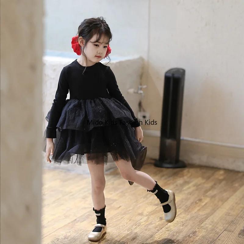 Сверкающая тюлевая юбка с блестками для девочек, маленькое черное платье, Новое осеннее поступление, пышное платье принцессы на день рождения для девочек, размеры 90-140 см