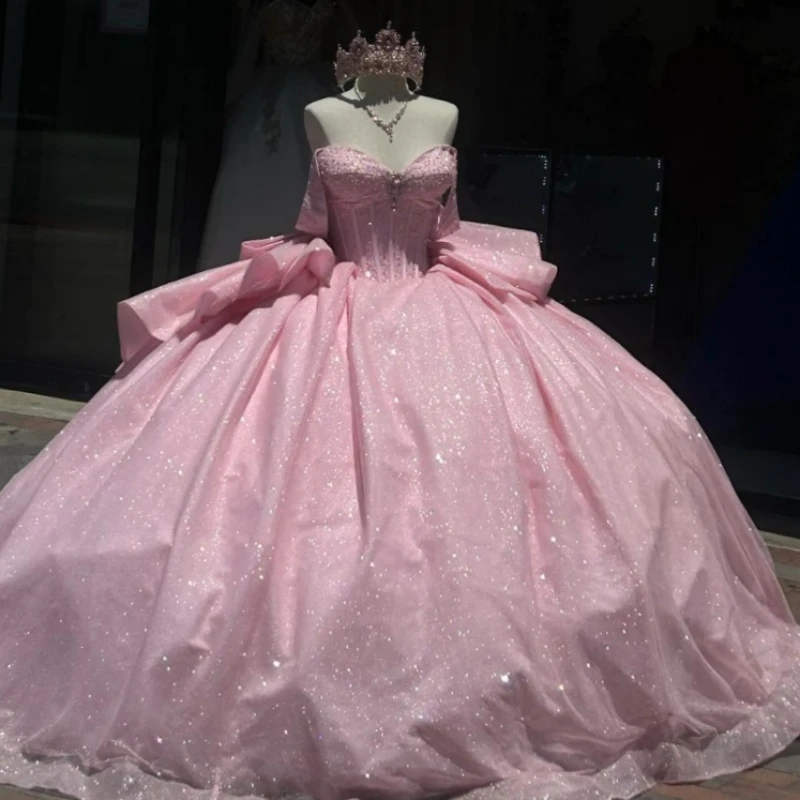 Pink Shiny Quinceanera Dresses Off The Shoulder Beading Crystal Bow Tull Party Birthday Sweet 16 Dress Vestidos De 15 Anos
Pink Shiny Quinceanera Dresses Off The Shoulder Beading Crystal Bow Tull Party Birthday Sweet 16 Dress Vestidos De 15 Anos
