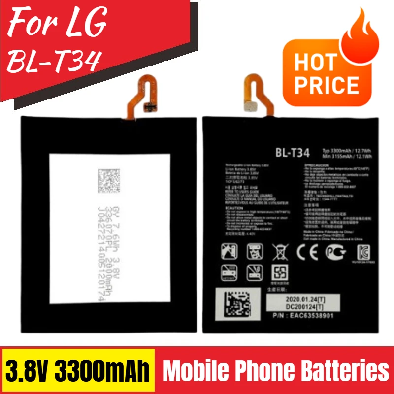 3.8V 3300mAh Battery BL-T34 for LG V30+ V30 V30A LS998 H930 H932 T34 BLT34 Mobile Phone Brand-New High Quality
3.8V 3300mAh Battery BL-T34 for LG V30+ V30 V30A LS998 H930 H932 T34 BLT34 Mobile Phone Brand-New High Quality