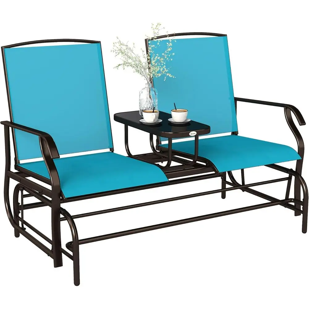 Blue Outdoor Metal Patio Glider Bench with Center Table and Mesh Fabric Loveseat
Blue Outdoor Metal Patio Glider Bench with Center Table and Mesh Fabric Loveseat