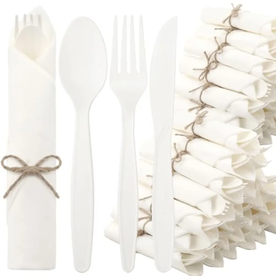 Pre Rolled Napkin Cutlery Set Compostable Utensils 200pcs, set 7 Large Disposable Utensils Wrapped Forks Knives Spoons Napkins
Pre Rolled Napkin Cutlery Set Compostable Utensils 200pcs, set 7 Large Disposable Utensils Wrapped Forks Knives Spoons Napkins