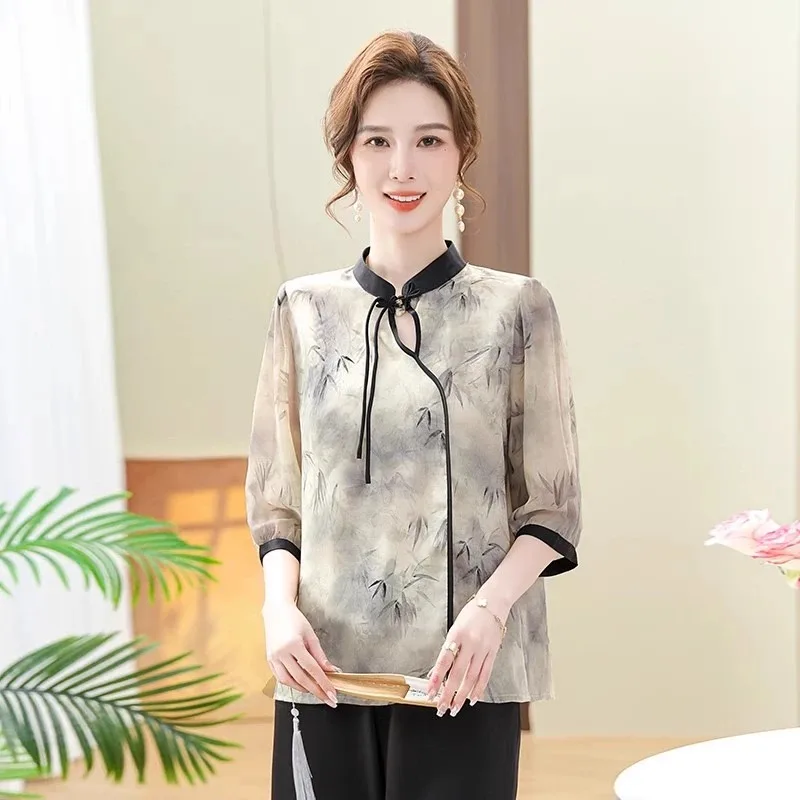 Women's Chinese Style Ink Print Blouse V Neck Tie Neck 3/4 Sleeve Casual Top
Women's Chinese Style Ink Print Blouse V Neck Tie Neck 3/4 Sleeve Casual Top