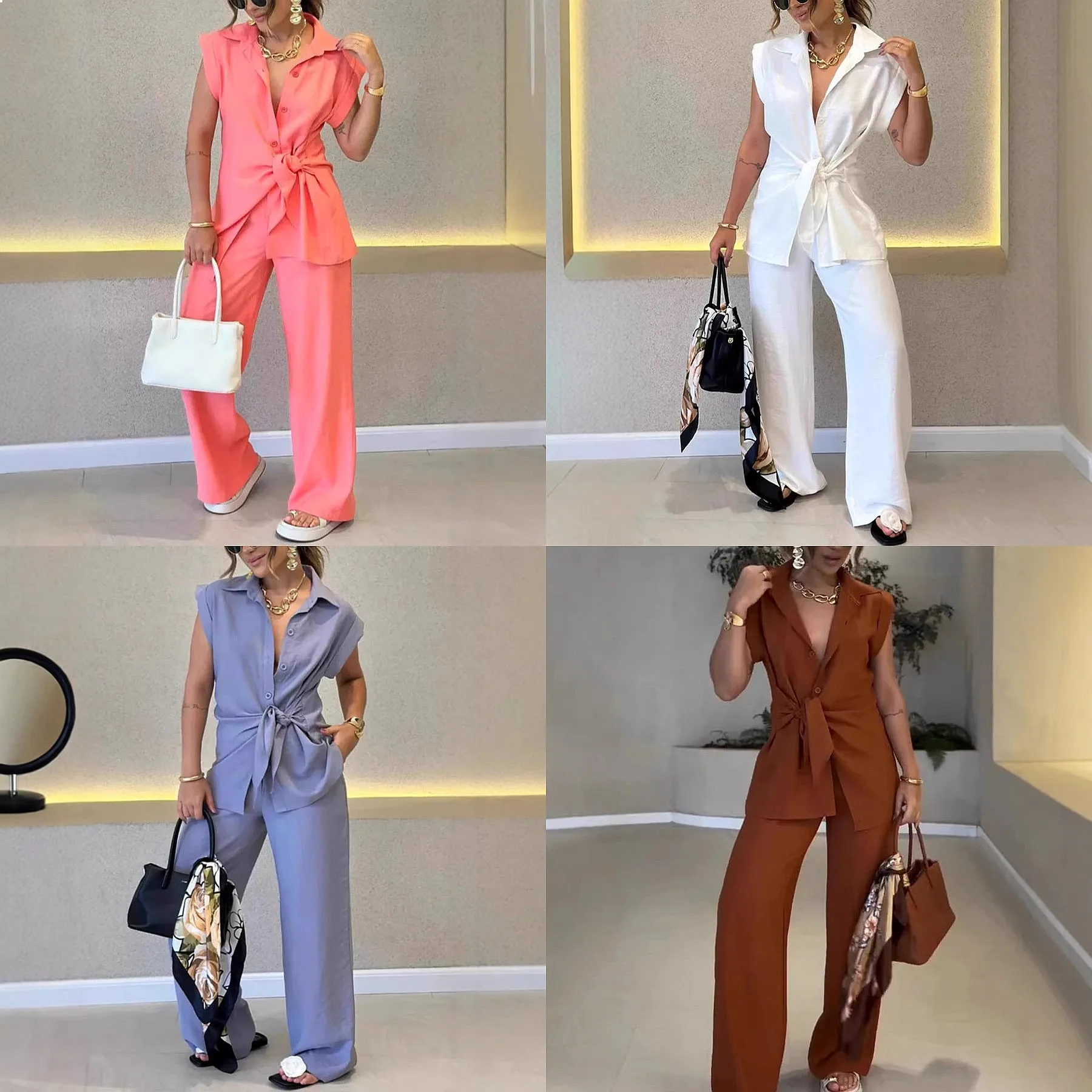 Women's Casual 2 Piece Outfits Sleeveless Shirt Blouse Top with Belt and Loose Straight Leg Pants Matching Set Spring Summer
Women's Casual 2 Piece Outfits Sleeveless Shirt Blouse Top with Belt and Loose Straight Leg Pants Matching Set Spring Summer