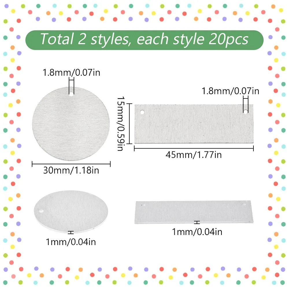 40Pcs 2 Styles Aluminum Pendants Rectangle/Flat Round Platinum 15~30x30~45x1mm Hole: 1.6~1.8mm 20pcs/style
40Pcs 2 Styles Aluminum Pendants Rectangle/Flat Round Platinum 15~30x30~45x1mm Hole: 1.6~1.8mm 20pcs/style