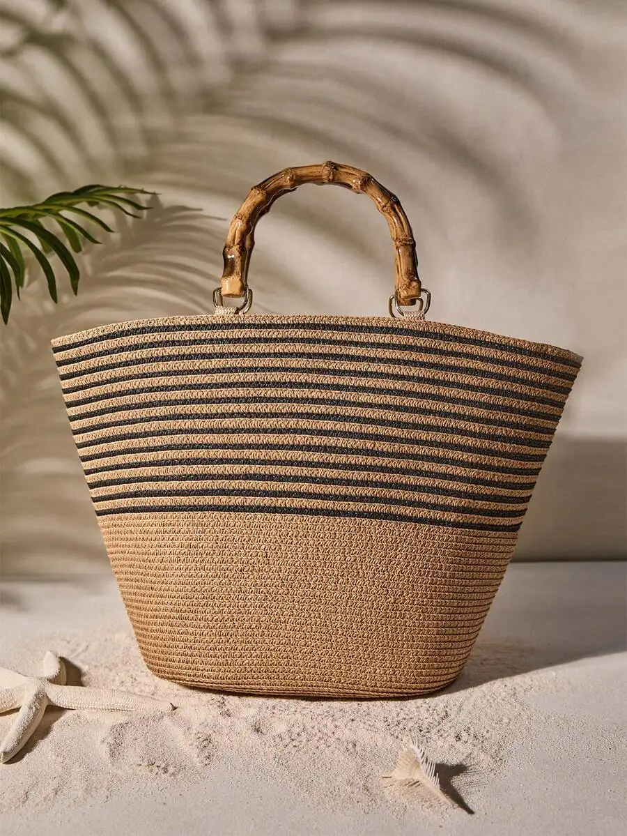 Khaki striped bamboo handle straw handbag with zipper closure quilted woven color block design lightweight portable large capaci
Khaki striped bamboo handle straw handbag with zipper closure quilted woven color block design lightweight portable large capaci