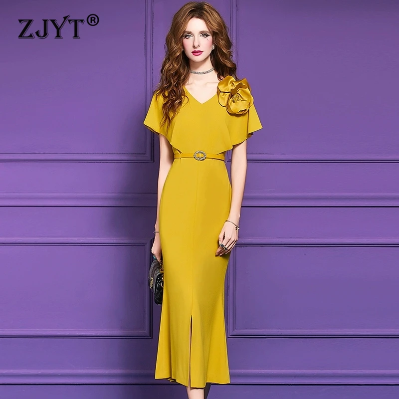 ZJYT Fashion 3D Floral Mermaid Dresses for Women Summer Short Sleeve V Neck Prom Formal Evening Party Dress Yellow Vestidos 2025
ZJYT Fashion 3D Floral Mermaid Dresses for Women Summer Short Sleeve V Neck Prom Formal Evening Party Dress Yellow Vestidos 2025