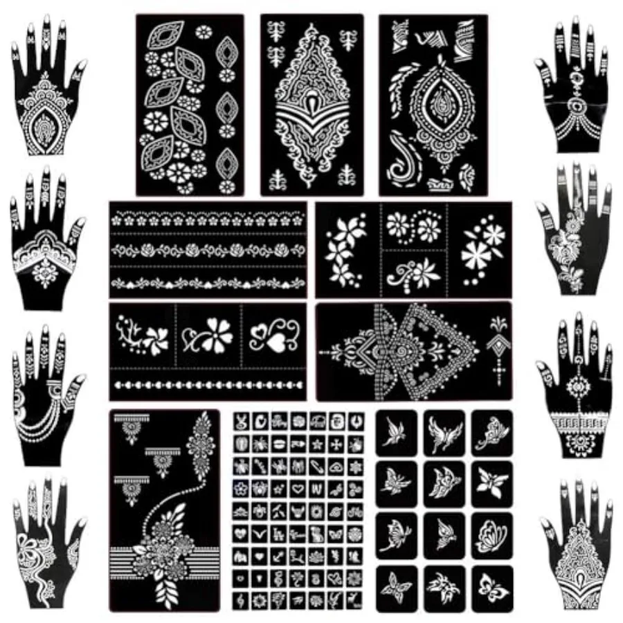 18 Sheets 97PCS Henna Tattoo Stencil Kit, Reusable Mehndi Templates for Bridal Mehndi and Music Festivals — Indian Wedding, Bac
18 Sheets 97PCS Henna Tattoo Stencil Kit, Reusable Mehndi Templates for Bridal Mehndi and Music Festivals — Indian Wedding, Bac