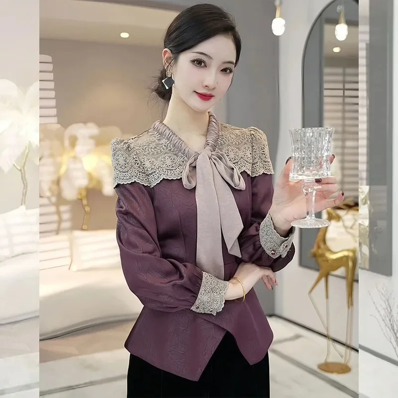Lace Ribbon Long Sleeves Shirt Tops For Women Temperament Loose Blouse 2025 Autumn Winter New Ladies Blaus S-4XL Top
Lace Ribbon Long Sleeves Shirt Tops For Women Temperament Loose Blouse 2025 Autumn Winter New Ladies Blaus S-4XL Top 