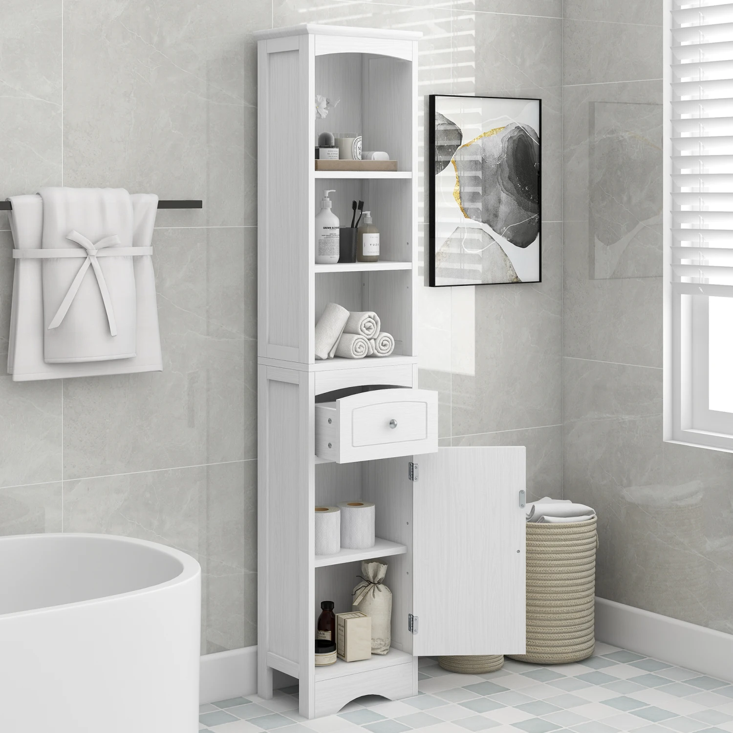 Tall Bathroom Cabinet, Freestanding Storage Cabinet with Drawer, MDF Board, Adjustable Shelf, White
Tall Bathroom Cabinet, Freestanding Storage Cabinet with Drawer, MDF Board, Adjustable Shelf, White
