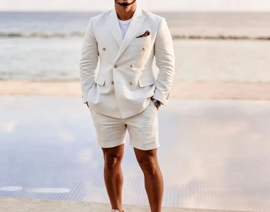White Linen Beach Suits for Men Short Pants 2 Piece Summer Casual Wedding Party Blazer Shorts Set 2026
White Linen Beach Suits for Men Short Pants 2 Piece Summer Casual Wedding Party Blazer Shorts Set 2026