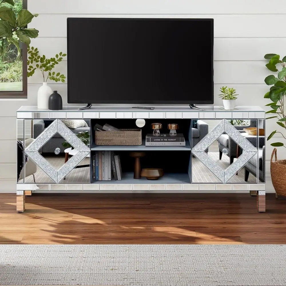 59 Mirrored TV Stand with Open Shelves & 2 Cabinets, Deluxe Mirrored Entertainment Center with Sparkling Details & Adjustable Sh
59 Mirrored TV Stand with Open Shelves & 2 Cabinets, Deluxe Mirrored Entertainment Center with Sparkling Details & Adjustable Sh
