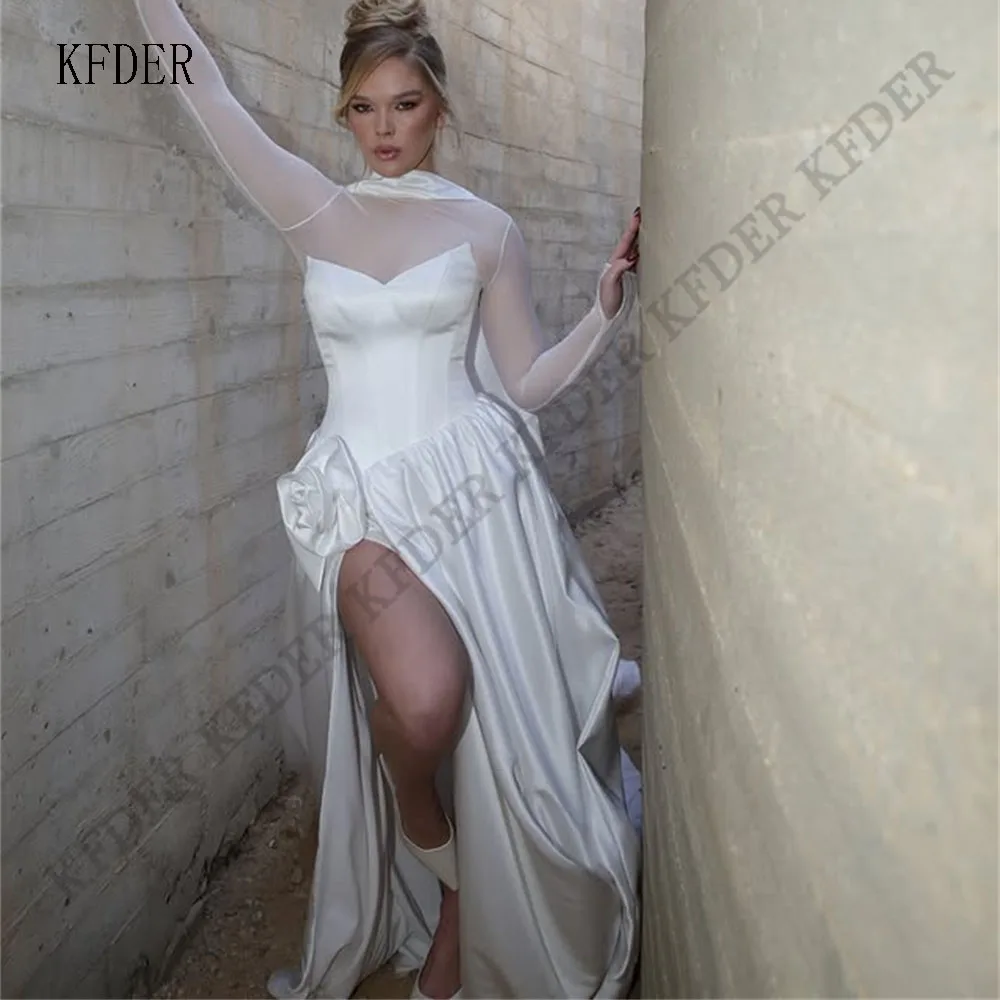 Elegant Satin Wedding Dresses A-Line High Neck Long Sleeves Pleated Bride Prom Gown Side Slit Modest Bridal Gowns Customized
Elegant Satin Wedding Dresses A-Line High Neck Long Sleeves Pleated Bride Prom Gown Side Slit Modest Bridal Gowns Customized