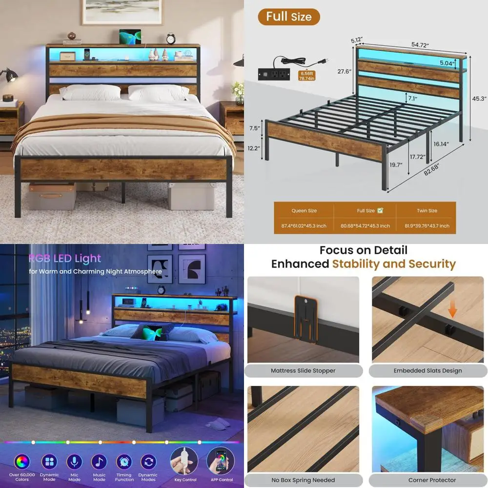18 Inch Full Bed Frame with Charging Station and LED Light, Wooden Headboard featuring 2-Tier Storage Shelves, Full Size Platfor
18 Inch Full Bed Frame with Charging Station and LED Light, Wooden Headboard featuring 2-Tier Storage Shelves, Full Size Platfor