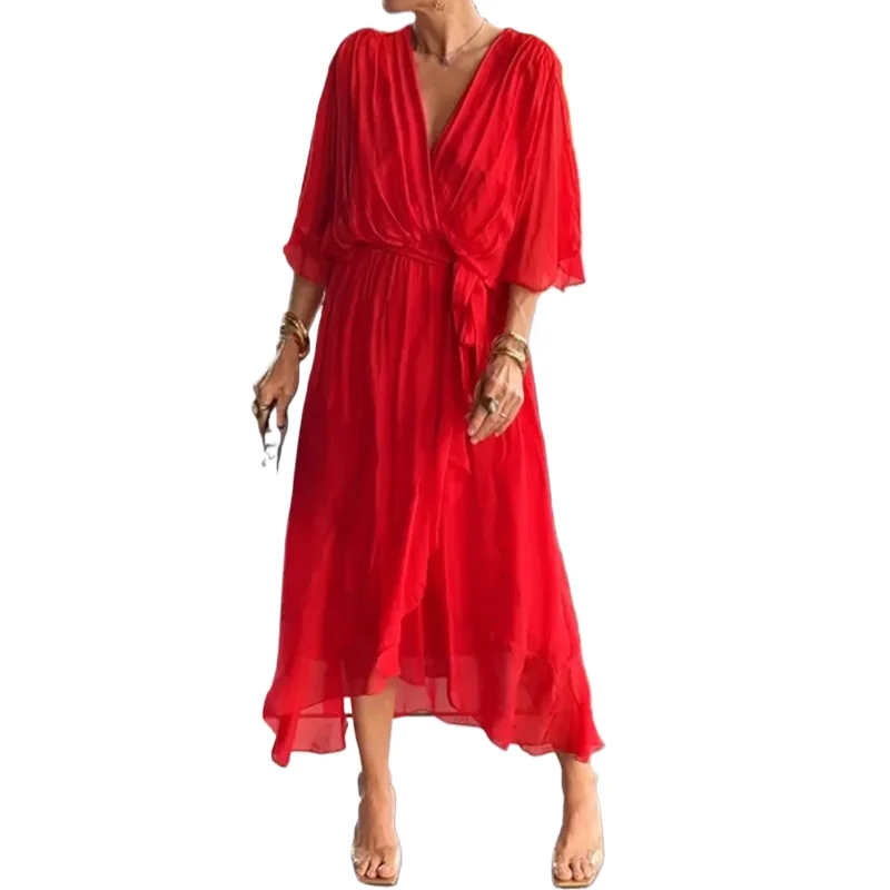 Casual Solid Chiffon Lace Up Dress For Women Elegant V-neck Bat Sleeves Irregulares Midi Dresses 2024 Summer Fashion New Vestido 
Casual Solid Chiffon Lace Up Dress For Women Elegant V-neck Bat Sleeves Irregulares Midi Dresses 2024 Summer Fashion New Vestido