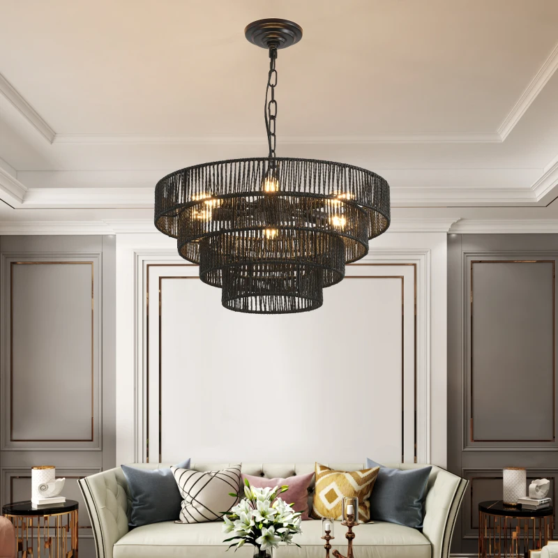20" Rustic 4-Tier Black Hemp Rope Pendant Light Chandelier with 6 E12 Sockets, Handmade Tiered Boho Ceiling Light Fixture for Dining Room, Kitchen, or Foyer (Bulb Not Included)
20" Rustic 4-Tier Black Hemp Rope Pendant Light Chandelier with 6 E12 Sockets, Handmade Tiered Boho Ceiling Light Fixture for Dining Room, Kitchen, or Foyer (Bulb Not Included)