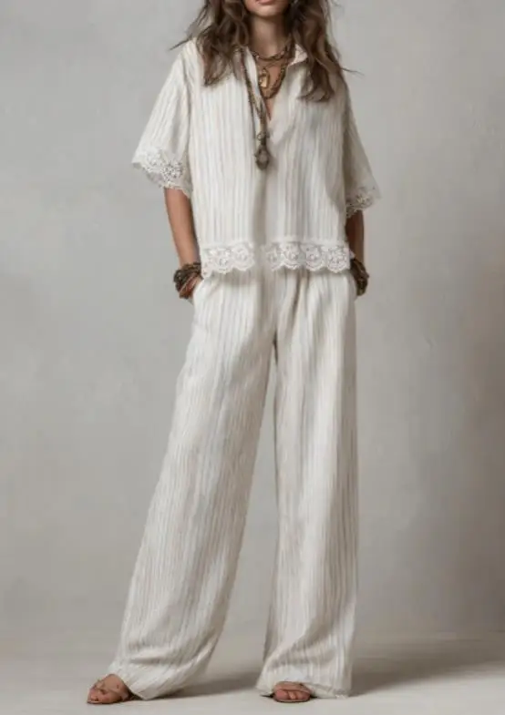 Two Piece Set Women Outfit 2026 Spring Summer New Solid Color Lace Patchwork V-Neck Short Sleeve Loose Top & Casual Pants Set
Two Piece Set Women Outfit 2026 Spring Summer New Solid Color Lace Patchwork V-Neck Short Sleeve Loose Top & Casual Pants Set