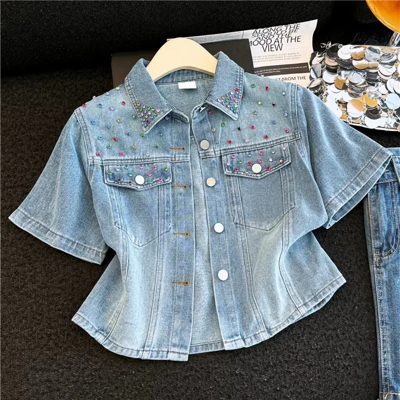 Summer Fashion Beaded Diamond Heart Pattern Blue Short Denim Jacket Lapel Short Sleeve Single-Breasted Jean Coat Ropa Para Mujer
Summer Fashion Beaded Diamond Heart Pattern Blue Short Denim Jacket Lapel Short Sleeve Single-Breasted Jean Coat Ropa Para Mujer