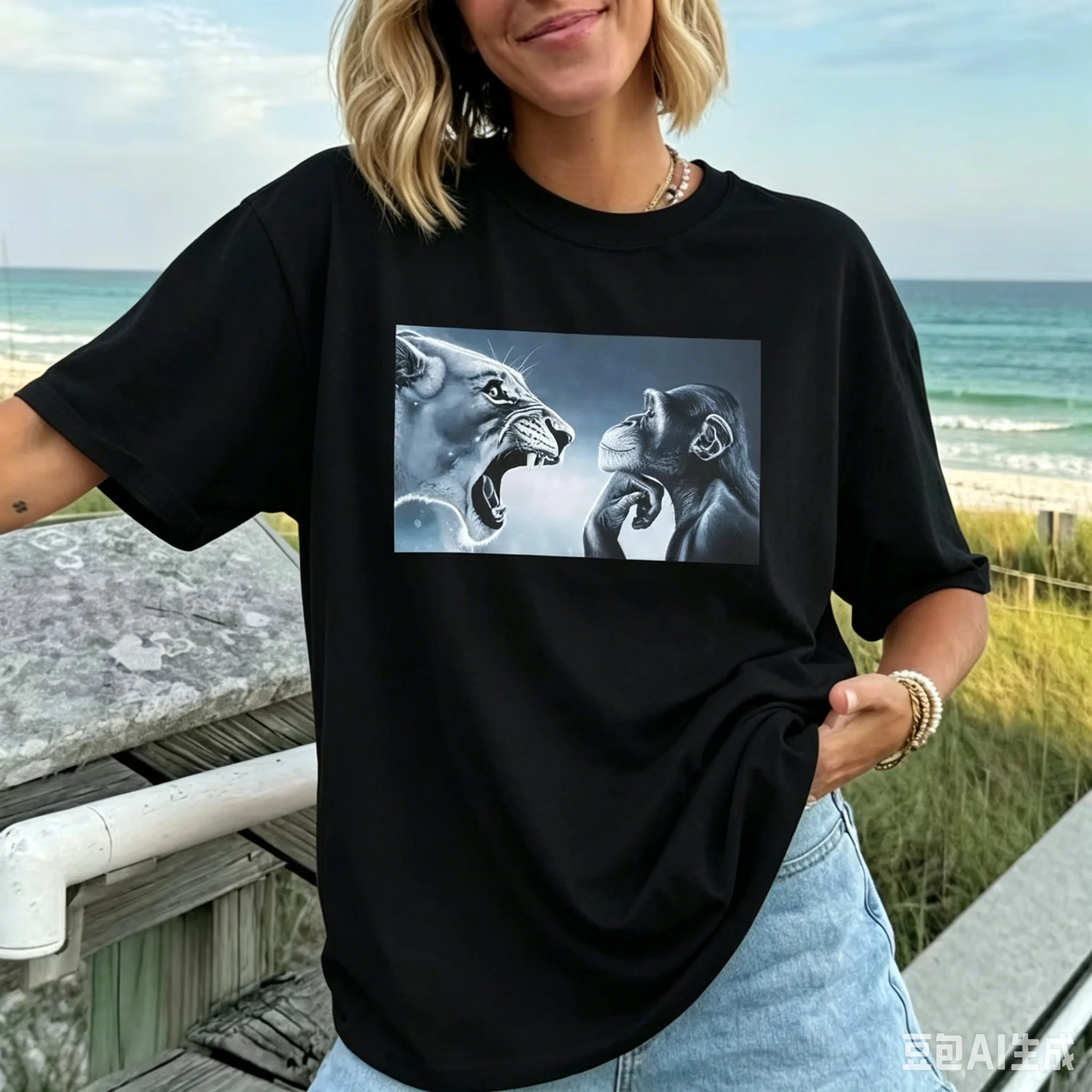 Fun Graphic T-shirt, Rage Bait Lion Monkey Meme Trendy Street Style Short-sleeved T-shirt Women Clothing Fashion Personality Y2K
Fun Graphic T-shirt, Rage Bait Lion Monkey Meme Trendy Street Style Short-sleeved T-shirt Women Clothing Fashion Personality Y2K