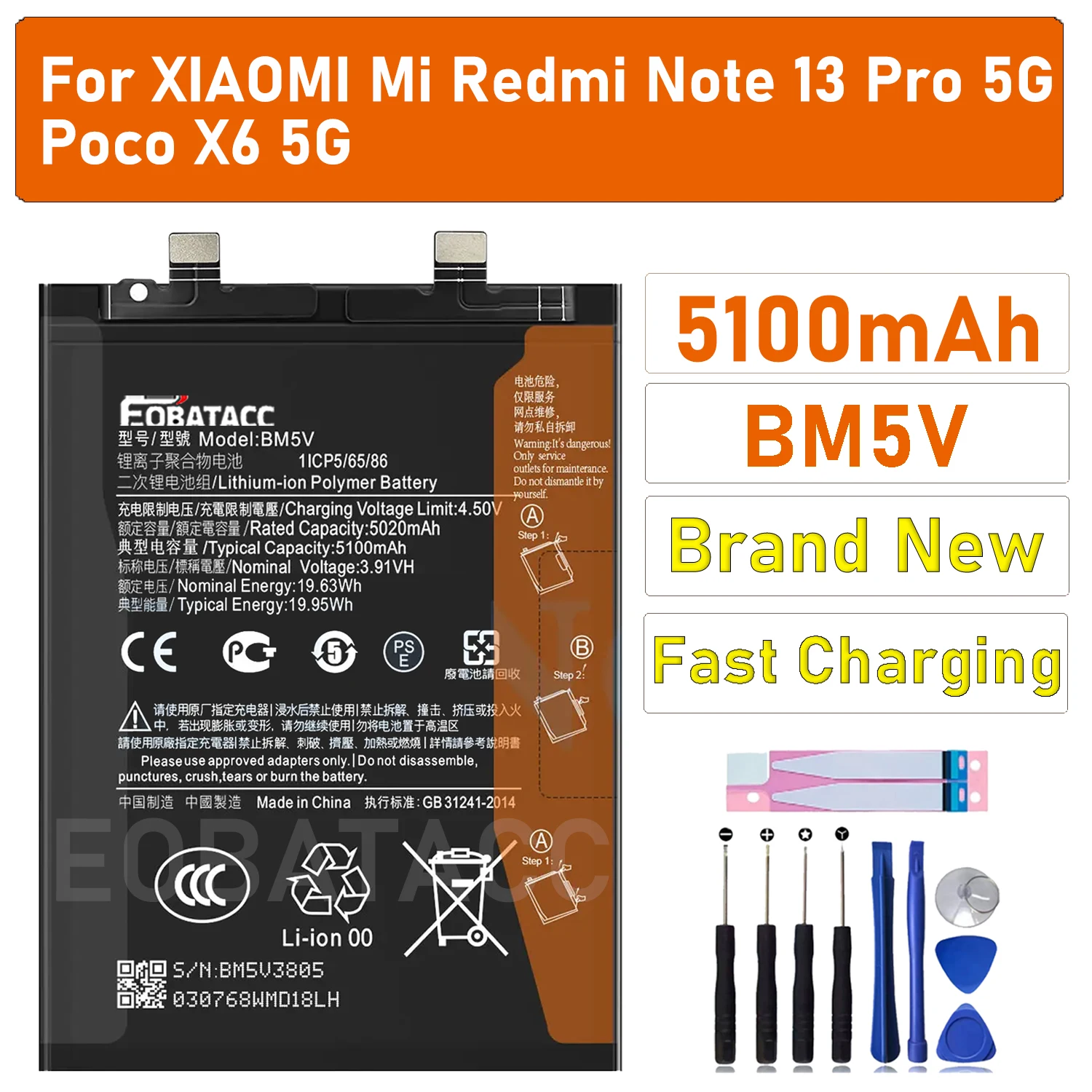 EOBATACC New 100% Original Battery BM5V For REDMI NOTE 13 Pro/Poco X6 5G/REDMI NOTE 13 PRO 5G Batteries + Tools
EOBATACC New 100% Original Battery BM5V For REDMI NOTE 13 Pro/Poco X6 5G/REDMI NOTE 13 PRO 5G Batteries + Tools