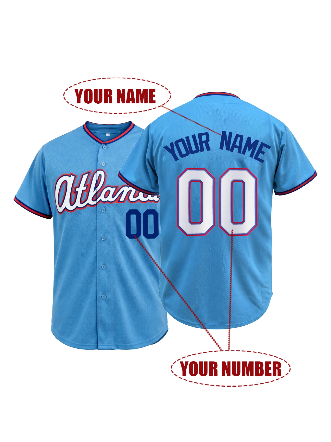 Custom Embroidered Light Blue Baseball Jersey, Personalized for Atlanta Fans, Name Number, Breathable Short Sleeve Sports Shirt
Custom Embroidered Light Blue Baseball Jersey, Personalized for Atlanta Fans, Name Number, Breathable Short Sleeve Sports Shirt