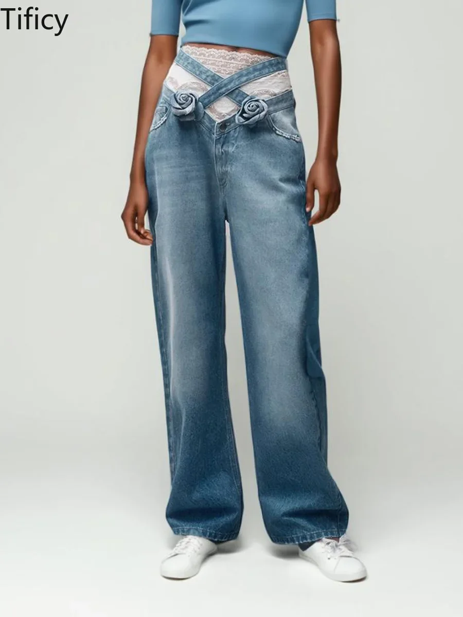 TIFICY Fashion sexy women's Wash high waisted jeans new cross strap three-dimensional flower straight leg casual denim pants
TIFICY Fashion sexy women's Wash high waisted jeans new cross strap three-dimensional flower straight leg casual denim pants
