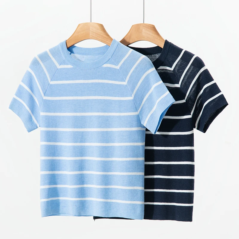 Summer women's knitted wool T-shirt casual striped pullover short sleeved loose round neck Tees
Summer women's knitted wool T-shirt casual striped pullover short sleeved loose round neck Tees