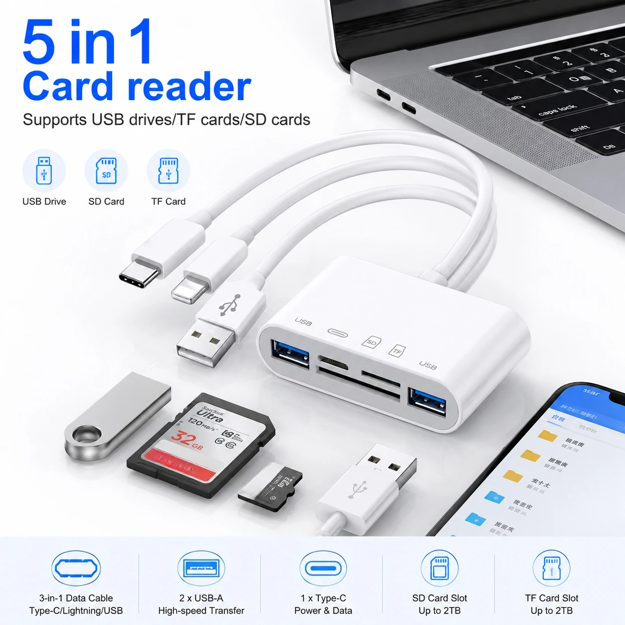 5 in 1 USB & Type C OTG Card Reader High Speed Plug & Play SD TF Micro SD Memory Adapter for MacBook Laptop Samsung Phone Tablet
5 in 1 USB & Type C OTG Card Reader High Speed Plug & Play SD TF Micro SD Memory Adapter for MacBook Laptop Samsung Phone Tablet
