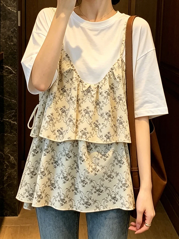 Summer New plus Size Women's T-shirt Floral Skirt Fake Two-Piece Pure Color Style Breathable Korean Style Casual Wear
Summer New plus Size Women's T-shirt Floral Skirt Fake Two-Piece Pure Color Style Breathable Korean Style Casual Wear