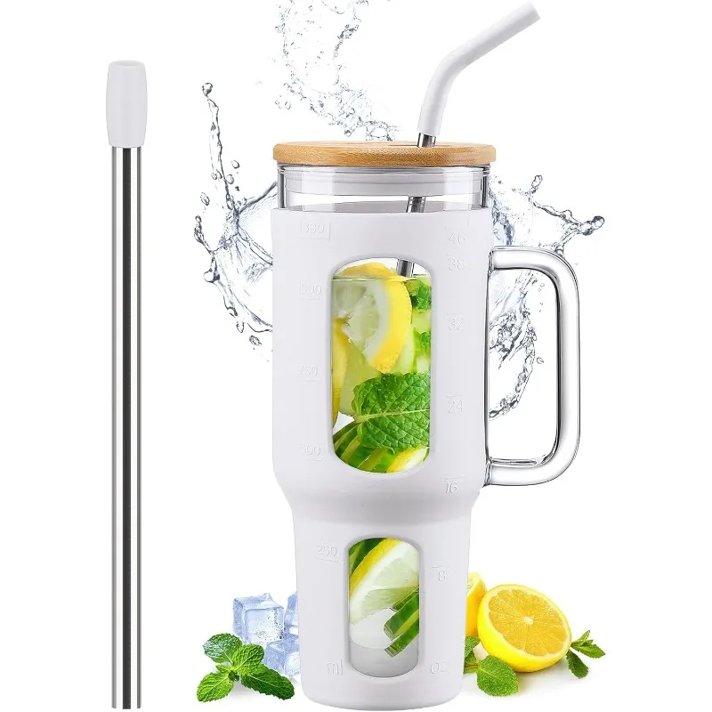 Glass Tumbler with Lid and Straw, 46 oz Iced Coffee Cup with Handle, Glass Water Bottles with Silicone Sleeve
Glass Tumbler with Lid and Straw, 46 oz Iced Coffee Cup with Handle, Glass Water Bottles with Silicone Sleeve