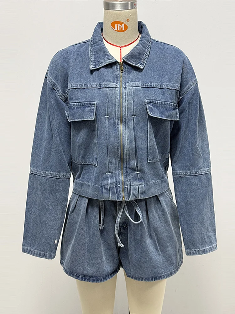 Lapel Zipper Short Denim Jacket Loose Pleat Short Overall Woman Set Casual High Street Spring New Women's Long Sleeves Denim Set
Lapel Zipper Short Denim Jacket Loose Pleat Short Overall Woman Set Casual High Street Spring New Women's Long Sleeves Denim Set