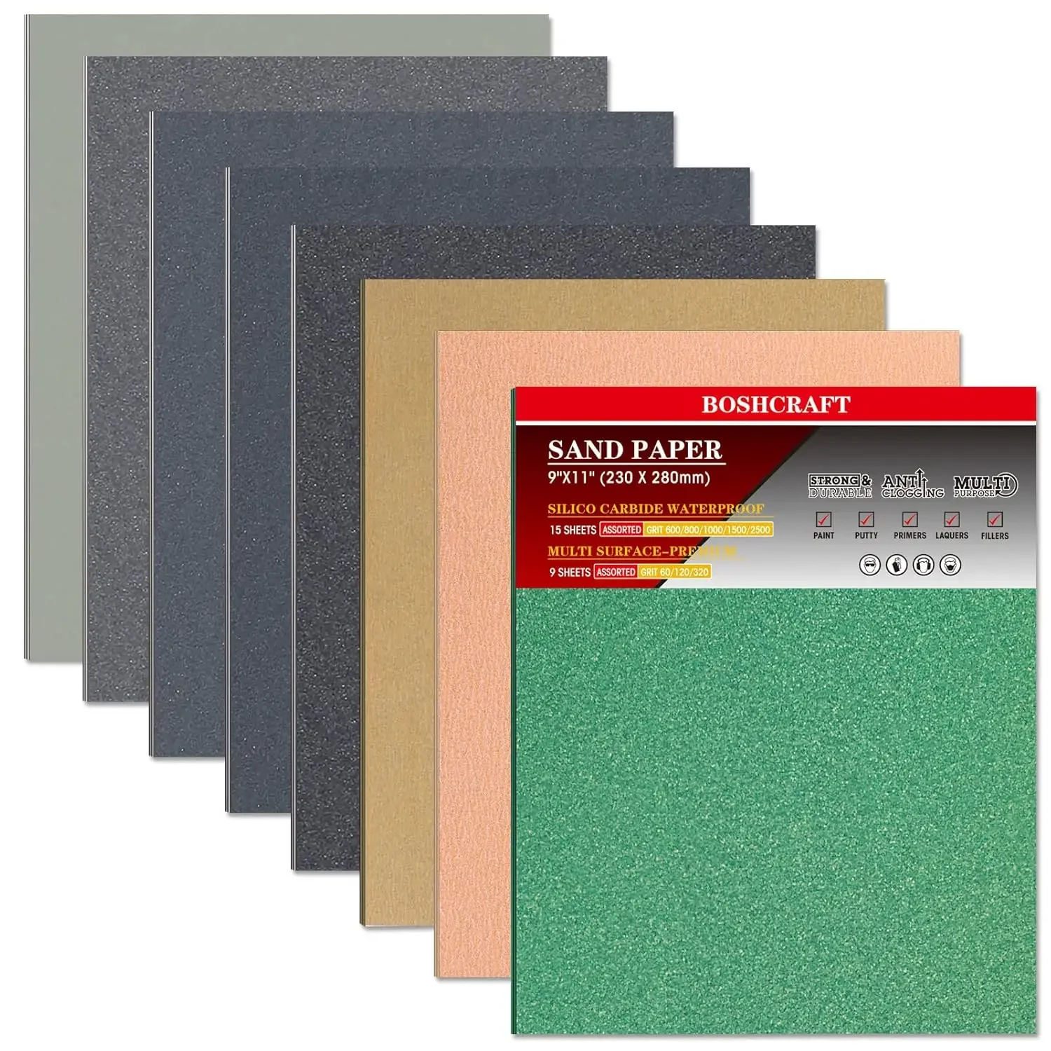24 Pcs Sandpaper Assortment 60/120/320/600/800/1000/1500/2500 Grit for Wood Metal Automotive Drywall Plastic 9x11 Inch Sheets
24 Pcs Sandpaper Assortment 60/120/320/600/800/1000/1500/2500 Grit for Wood Metal Automotive Drywall Plastic 9x11 Inch Sheets