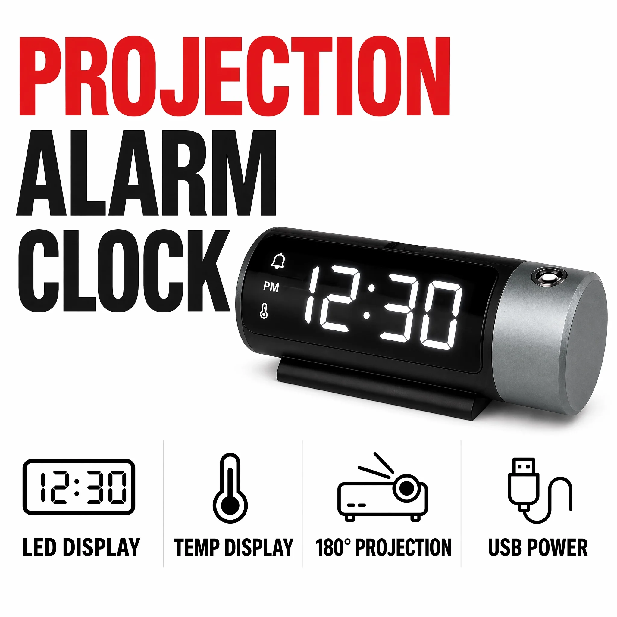 LED Projection Alarm Clock 180° Rotatable Dual Alarm Snooze USB Charge Brightness Dimmer Thermometer for Home Bedroom
LED Projection Alarm Clock 180° Rotatable Dual Alarm Snooze USB Charge Brightness Dimmer Thermometer for Home Bedroom