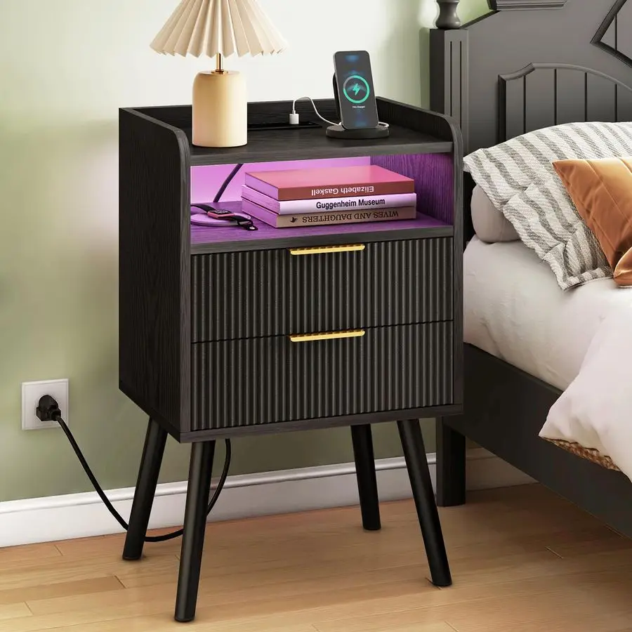 Black Fluted Nightstand with Charging Station, LED Night Stand with 2 Wood Drawers for Bedroom, Modern Bedside Table, 15.7 x 11
Black Fluted Nightstand with Charging Station, LED Night Stand with 2 Wood Drawers for Bedroom, Modern Bedside Table, 15.7 x 11