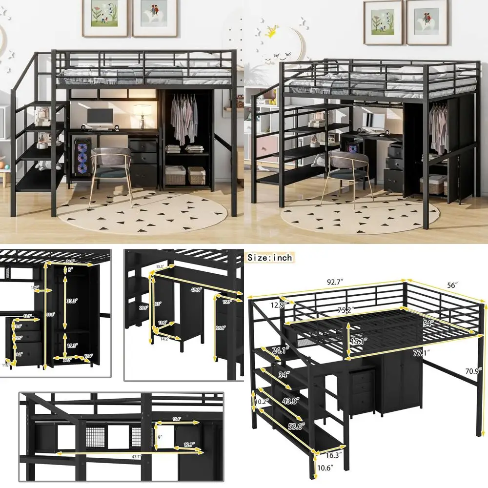 Full-Size Loft Bed with Stairs, Wardrobe, Storage, Metal Frame, Desk, Drawers Cabinet, Suitable for Kids, Teens, and Adults, Bla
Full-Size Loft Bed with Stairs, Wardrobe, Storage, Metal Frame, Desk, Drawers Cabinet, Suitable for Kids, Teens, and Adults, Bla