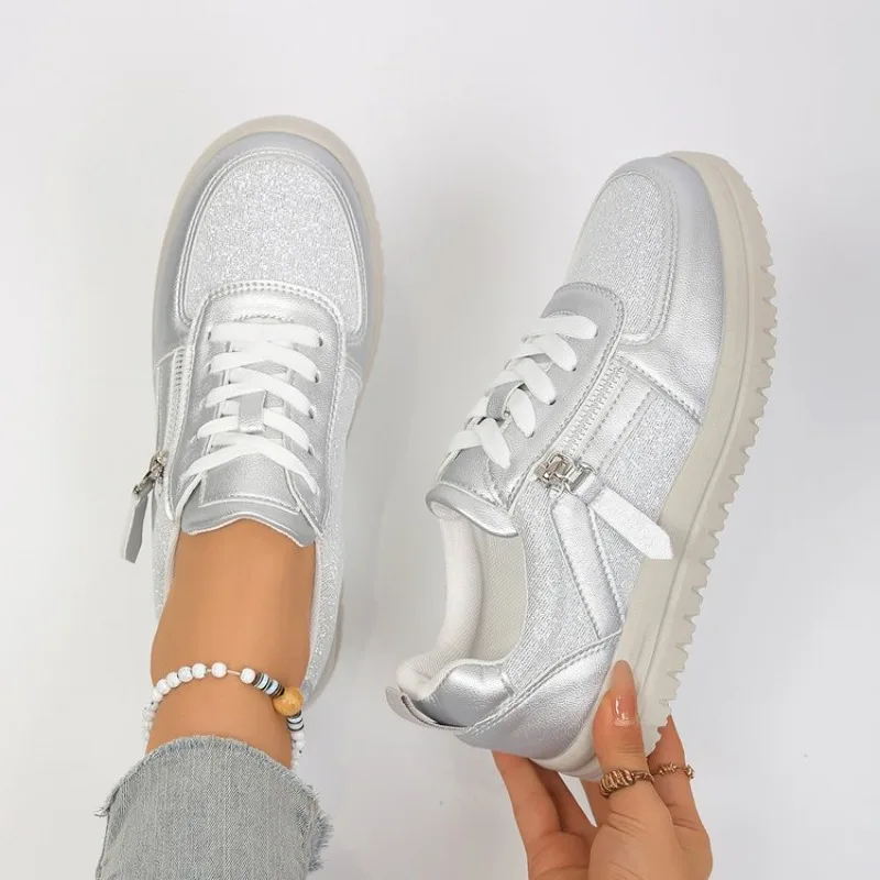 Women's Casual Platform Sneakers Metallic Glitter Lace Up Side Zipper Flat Walking Shoes Comfort Everyday Trainers for Ladies
Women's Casual Platform Sneakers Metallic Glitter Lace Up Side Zipper Flat Walking Shoes Comfort Everyday Trainers for Ladies