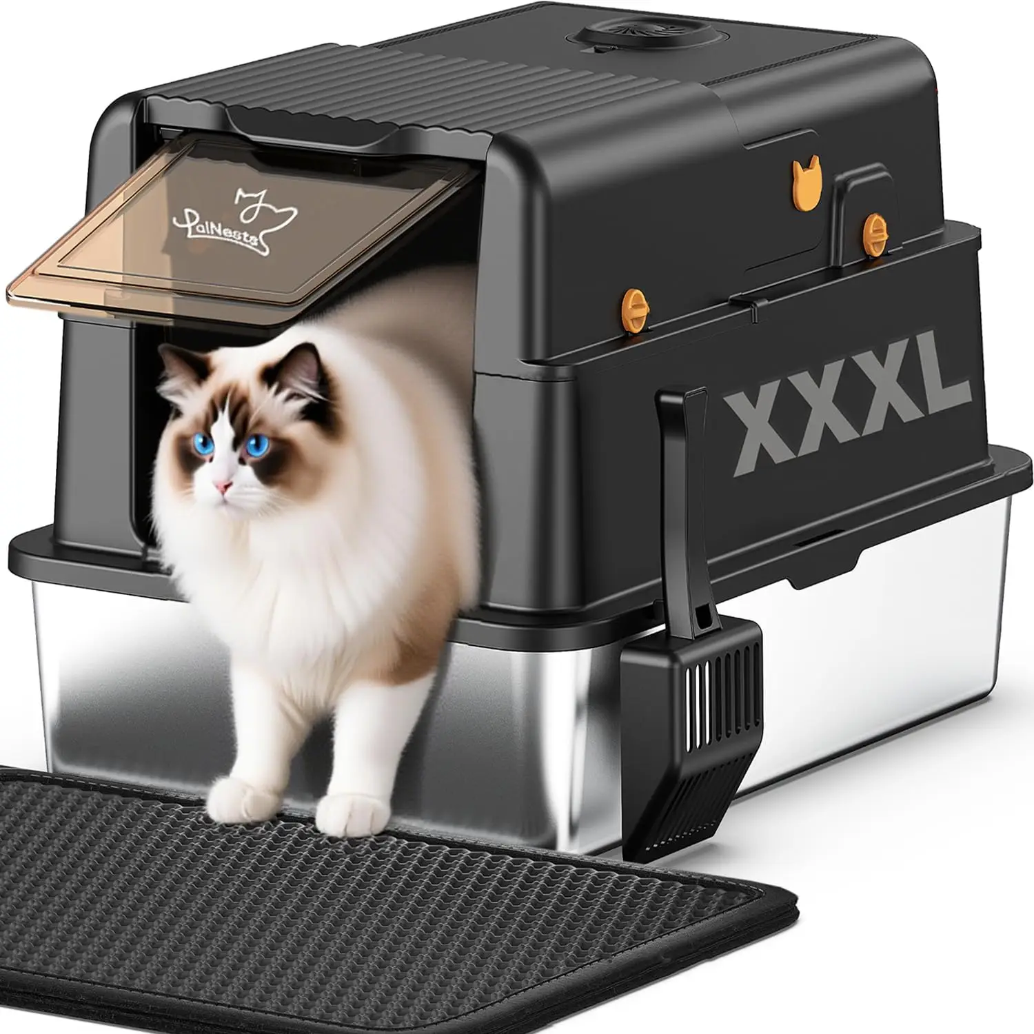 Extra-Large Stainless Steel Cat Litter Box with Lid, 28"L x 20.5"W x 17.4"H, High Sides, Anti-Leak, Includes Scoop & Mat
Extra-Large Stainless Steel Cat Litter Box with Lid, 28"L x 20.5"W x 17.4"H, High Sides, Anti-Leak, Includes Scoop & Mat