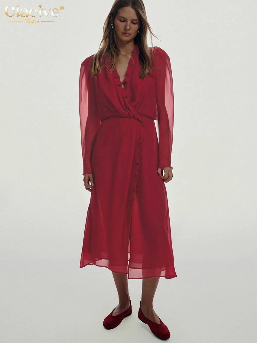 Clacive Fashion Loose Red Women's Dress 2025 Elegant V-Neck Long Sleeve Midi Dresses Casuuual High Waist Ruffle Female Dress
Clacive Fashion Loose Red Women's Dress 2025 Elegant V-Neck Long Sleeve Midi Dresses Casuuual High Waist Ruffle Female Dress