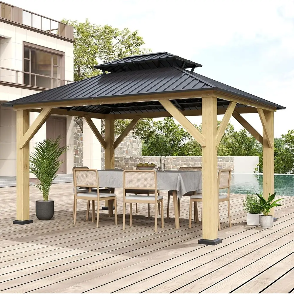 10'x12' Outdoor Wooden Gazebo with Double Roo Galvanized Steel Top, Hardtop Cee with Wooden Post, Curtains & Netting or Backyard
10'x12' Outdoor Wooden Gazebo with Double Roo Galvanized Steel Top, Hardtop Cee with Wooden Post, Curtains & Netting or Backyard