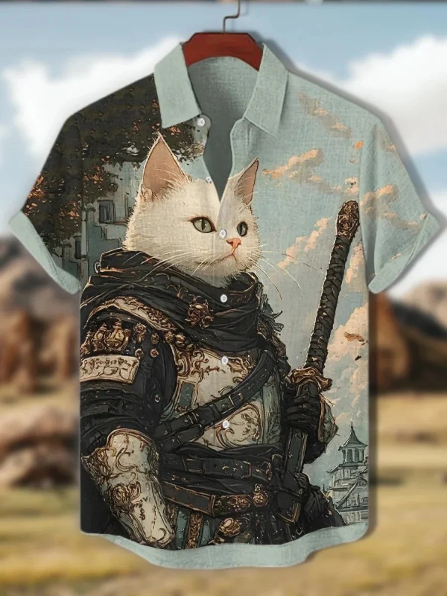 Retro men's black cat Samurai shirt, art print short-sleeved linen shirt, loose and oversized men's clothing top
Retro men's black cat Samurai shirt, art print short-sleeved linen shirt, loose and oversized men's clothing top