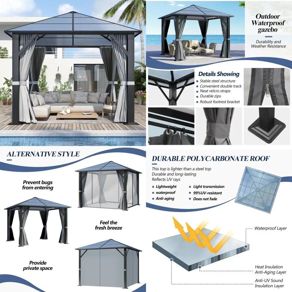 10x10 Waterproof Polycarbonate Roof Gazebo with Steel Frame and Permanent Pavilion
10x10 Waterproof Polycarbonate Roof Gazebo with Steel Frame and Permanent Pavilion