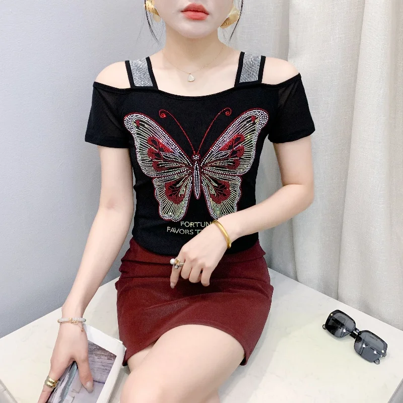 Women's Summer Short Sleeved T-Shirt Elegant Shiny Butterfly Hot Diamonds Slim Mesh Tops Chic Girl Sexy Off Shoulder Tees
Women's Summer Short Sleeved T-Shirt Elegant Shiny Butterfly Hot Diamonds Slim Mesh Tops Chic Girl Sexy Off Shoulder Tees