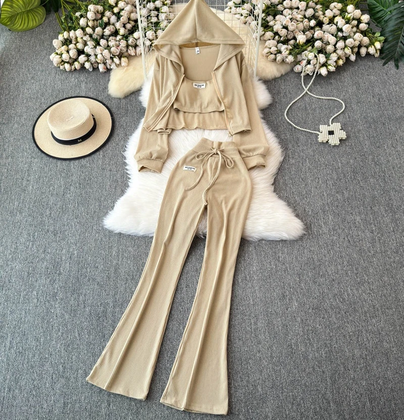 Fashion 3-Piece Set Women's Zipper Knitted Hooded Sweatshirt with Suspender and High Waisted Flared Pants
Fashion 3-Piece Set Women's Zipper Knitted Hooded Sweatshirt with Suspender and High Waisted Flared Pants