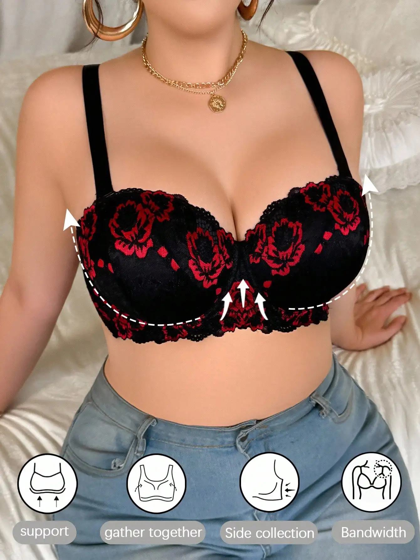 Black & Red Floral Lace Underwire Push-Up Bra with Side Support
Black & Red Floral Lace Underwire Push-Up Bra with Side Support